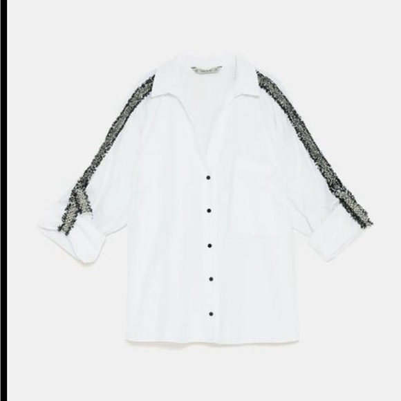Zara button up blouse with tweed detail, White,Size S - Picture 6 of 8